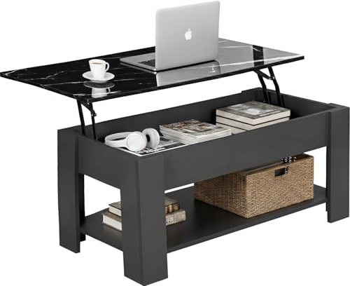 Blisswood Coffee Table With Storage, Lift Up Coffee Tables for Living Room, Wooden Coffee Table With 1 Shelf Large Hidden Storage Modern Rectangular Sofa End Lift-Top Tea Table Grey + Black Marble