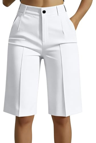Women's Tailored Shorts, High Waisted Stretch Slim Fit Zip Fly Bermuda Shorts Smart Elegant Casual Classic Solid Color Knee Length Ladies Short Trousers for Office Work Business White