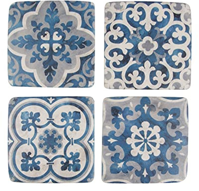 Sass & Belle Set von 4 quadratischen, 9,4 cm x 1 cm großen, blau-weißen Mosaik-Untersetzern aus Kunstharz/Kork