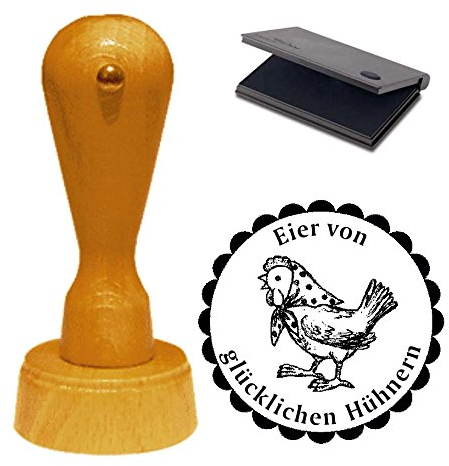 Stempel « EIER VON GLÜCKLICHEN HÜHNERN » ca. Ø 40 mm - Motivstempel mit Kissen - Eier Huhn Ei Hühnerhof Henne