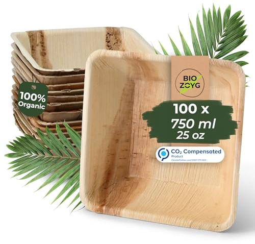 BIOZOYG Palmblatt Geschirr, Schale 100 Stück 750 ml 18 cm quadratisch - Einweg Suppenteller Salatschale kompostierbar Palmblatt Schüssel - Einweg Bowl Partygeschirr