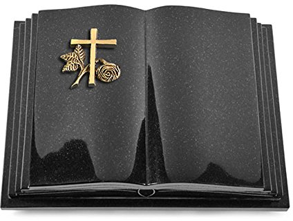 MEMORUM Grabmale Grabbuch, Grabplatte, Grabstein, Grabkissen, Urnengrabstein, Liegegrabstein Modell Livre Pagina 40 x 30 x 8-9 cm Indisch-Black-Granit, poliert inkl. Gravur (Bronze-Ornament Kreuz 1)