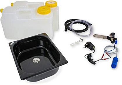 230 Volt Wasseranlage Imbisswagen Verkaufsanhänger Campingküche 230v Bausatz Spüle Dunkel 325x265x100 Barwig Schwarz/chrom Raumsparkanister 12L (ad-ideen)