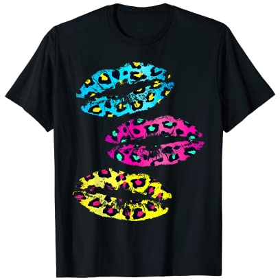 Retro 80er Jahre T-Shirt: Lippenstift Kiss, Leopard 1980er Jahre Kostüm T-Shirt