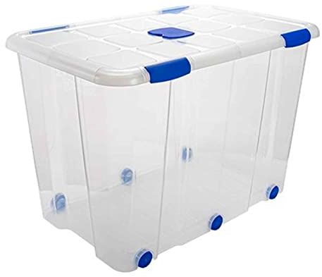 Acan Caja de ordenación de plástico nº 19 transparente, con tapa, ruedas y asas, capacidad 160 litros, 56 x 80 x 51.5 cm
