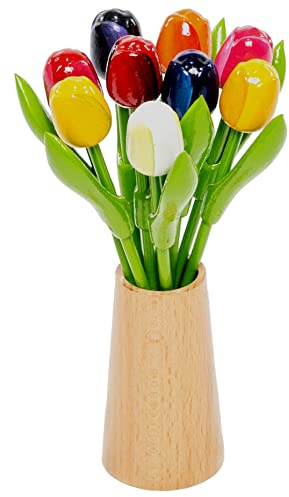 MomoMoments Holztulpen, Holzblumen, Holzdekoration, Holz-Kunstblumen, 9 Tulpen in Holzvase Design Natur, 21 cm, Dekoration, Geschenk, Multicolor