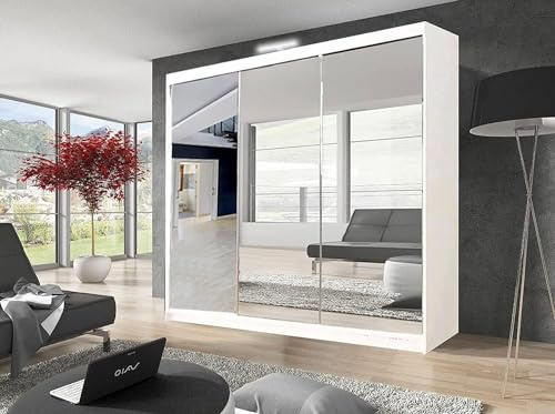 GSW Bedroom Furniture Modern Full 2 and 3 Mirror Sliding Door Wardrobe With Shelves And LED Light, Hanging Rail (250CM, White)