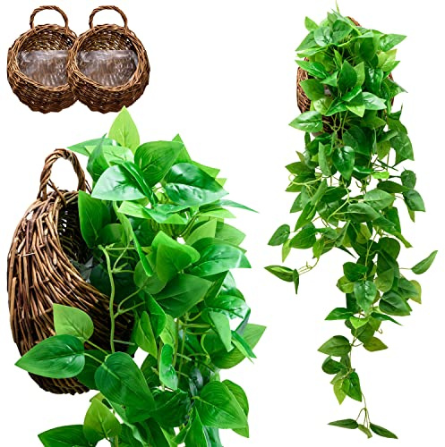 Tapeera Set di 2 piante finte da appendere con cesti: edera Pothos artificiale, ideale per decorazioni da esterno e interno. Perfette per patio, pareti e ambienti con foglie realistiche