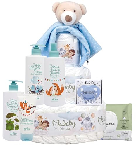 Mababyshop Mi Chupete Personalizado, Tarta de Pañales Talla 2 con Dou Dou Osito Sonajero, Chupete con Nombre, Set de Higiene, Toallitas y Regalo para Bebé (Azul)
