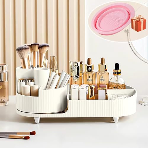 BULLA Makeup Organiser, 360 Rotating Makeup Organiser, Rotating Compartment 2 In 1 Skincare Organiser, Makeup Organizer Storage Is Perfect for Dresser, Bathroom, Bedroom (White)
