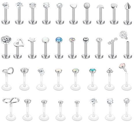 JewBella 36 Pezzi 16G Piercing Labret Acciaio Chirurgico Ipoallergenico Helix Piercing Orecchio Trago Labbro CZ Luna Cuore Stella Orecchini Cartilagine Argento Piercing a Bottone Set