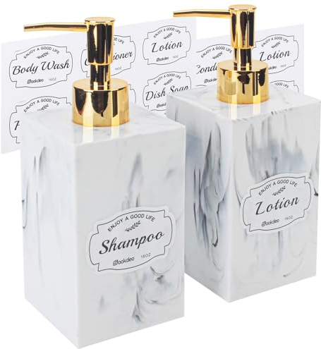 Luxuriöses Marmor Finish Flaschen Spender - 500ml, 2er Set mit Gold Pumpen & wasserdichte Etiketten - Perfekt für Arbeitsplatte, Dusche, und Bad Lagerung von Shampoo, Seife, Lotion - Weiß