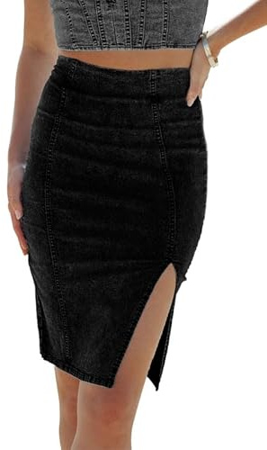 Alaster Queen Gonna da donna in denim con spacco, a vita alta, aderente, in jeans, Nero , XXL