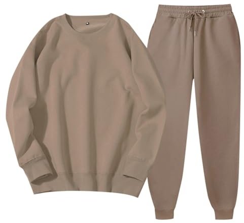 Damen Komfort Jogginganzug Lange Ärmeln Rundhalsausschnitt Oberteil Frauen Elastische Taille Bedruck Schlafanzug Weich Herbst Winter Hose Freizeitanzug Mit Tunnelzug Warm Einfach Im Haus (Khaki, XL)