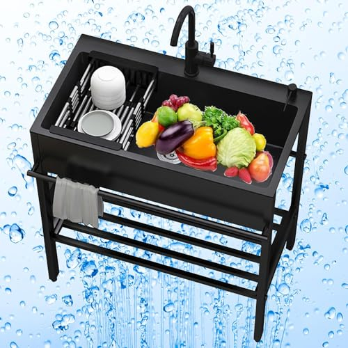 Freistehende Edelstahl Waschbecken, Schwarz Küche Ausgussbecken Mit Wasserhahn, Outdoor Spüle Mit Unterschrank, Mobiles Waschtisch Mit Abtropfschale, Für Hinterhof Garage Waschküche Camping (Size : 1
