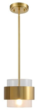 Kaj Hejmo Modern Pendant Light- Cylinder Glass Lampshade Ceiling Lights Iron Gold Ring Accents- E27 led Indoor Lighting for Bedroom Kitchen Island & Dining Room Lamps (Clear, Rod Hang-1-light)