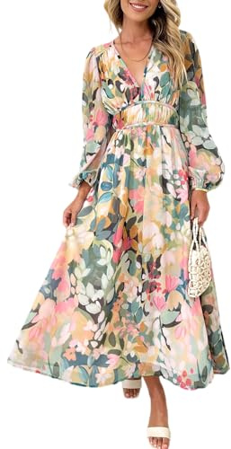 Maxigerui Women's Long Sleeve Floral Maxi Dress 2026 Spring Summer Wedding Guest Dress Green Floral L