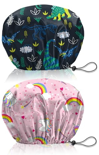 BHAHB 2 Stück Duschhaube, Doppelschicht Wasserdicht Elastisch Einstellbar shower cap wiederverwendbar,ästhetisch,niedlich Duschhaube für Damen (V12-Dinosaurier Einhorn)
