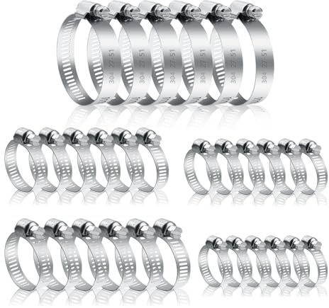30 Pcs Jubilee Hose Clips Assorted, Adjustable Pipe Clamps, 304 Stainless Steel Worm Drive for Gas Pipe Fuel Line, 6-12mm 10-16mm 13-19mm 14-27mm 27-51mm