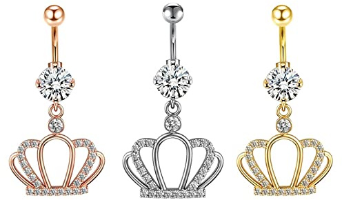 Epinki Piercing Schmuck, 3stk Bauchnabelpiercing, Edelstahl Piercings Set Krone Bauchnabel Ringe Piercing mit Anhänger Zirkonia Körperschmuck, Tricolor