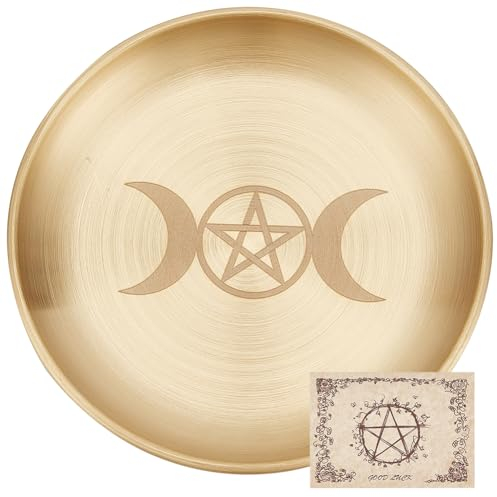 CREATCABIN Pentagram Altar Plate Moon Tarot Plate Ritual Burning Candle Holder Bowls Offering Incense Aromatherapy Tray Ceremony Plates with Altar Card Home Decor for Witchcraft Wiccan Golden 5.55in