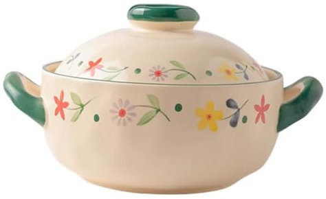 UPWONEC Casseruola in Ceramica in Stufato, in Stufato Floreale Vintage, Stufato Con Maniglia, Casseruola Di Spodumene, Pentola Di Cottura A Temperatura Alta Con Fori Di Sfiato,4l