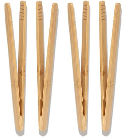 4 Pcs Reusable Bamboo Toast Tongs, Wooden Tongs, 18cm/7 Inch with Anti-Slip Design for BBQ Fried Food, Bread, Tea