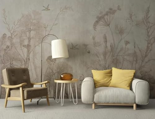 Vintage Grau Pflanzen Löwenzahn Vögel Schmetterlinge 3D Tapete Büro Wohnzimmer Sofa Schlafzimmer TV Hintergrund Wand Dekoration-200cm×140cm