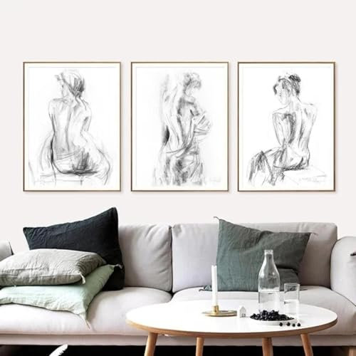 ZHAOLIN Nackte Frau Silhouette Kohleskizze Schwarz-Weiß-Poster Drucke Leinwandgemälde Wandkunst Bild für Wohnzimmer Dekor 60x80cm (24x31in) x3 Rahmenlos