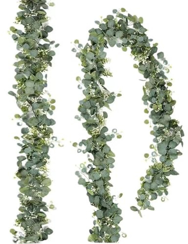 2 Stück Eukalyptus Girlande mit Weiße Blume, 1.8m Künstliche Pflanze, Hängend Grün Blätter für Tischdeko, Frühling Innendeko, Heimdeko (A)