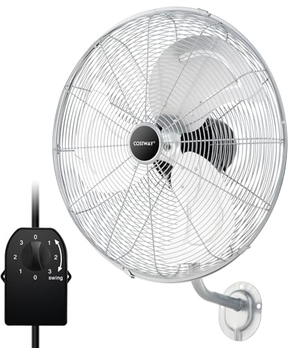 COSTWAY Ventilateur Mural Industriel Ø56 cm 120W 3 Vitesses (Argenté) | Ventilateur Domestique Pales en Aluminium Tête d'Inclinaison Réglable à 30° Oscillation à 85° pour Entrepôt Atelier