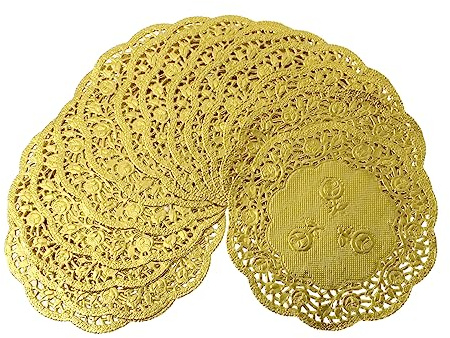 Goldene Spitzendeckchen Rund 3, 5 Zoll aus Papier, 100 Stück für Kuchen | Hohlblumen Design, Geruchlos, Vielseitig Einsetzbar, bei Feier, Bankett, Hochzeitstafel, Dessert, Buffet