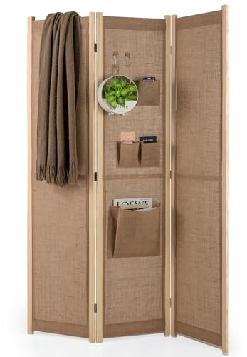 COSTWAY Biombo Separador de Ambientes de 3 Paneles, 121 x 170 cm | Biombo Divisor con 2 Ganchos y 4 Bolsas de Almacenaje, Biombo Plegable de Lino Artificial para Hogar Oficina Sala de Estar