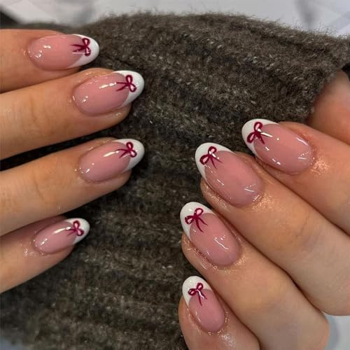 GlamRays 24 Stück Schleifen Press-on-Nägel Kurze Mandeln Französische Spitzen Falschnägel süße Schleifen Nagel Design Feiertag Klebe-Nägel Weiße Nagel Spitzen Falschnägel mit Klebstoff Handgemachte