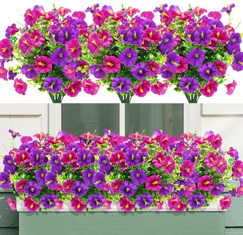 YSUVIN 8 Bündel Künstliche Blumen Petunie für lnnen Outdoor Dekoration | Kunstblumen Wie Echt, Künstliche Balkonpflanzen Frühlingsblumen, Plastik Blumen Dekoration für Außen Balkon Garden, Lila Rosa