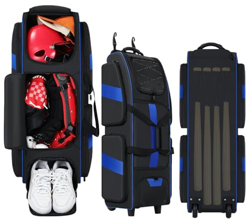 Baseball-Tasche mit Rollen, große Fängertasche für 4 Schläger und Ausrüstung, separates Stollenfach, mehrere Taschen und Zaunhaken, tragbare Softball-Baseballschläger-Tasche für Jugendliche und