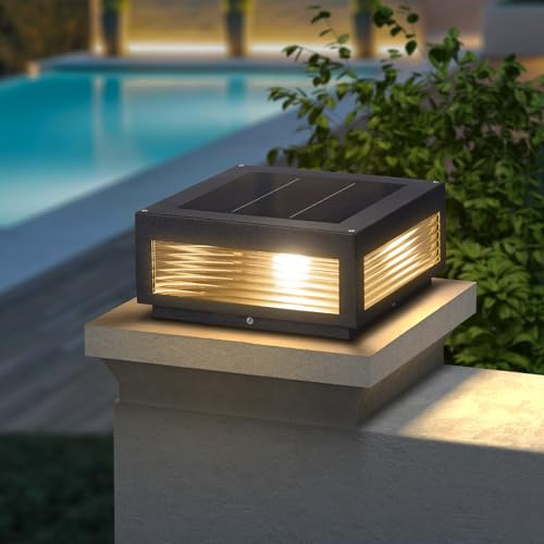 PAKEDANDUN Solar Post Light,11.81''x11.81'' Waterproof Column Pillar Lights Dusk to Dawn Modern Lamp Posts 3000K LED E26 Bulb Decoration Lantern for Garden Fence Patio Driveway
