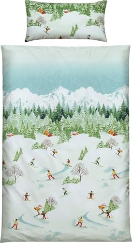 Erwin Müller Bettwäsche Edelflanell Skifahrer und Berglandschaft grün Größe 40x80 cm / 135x200 cm - temperaturausgleichend und pflegeleicht, flauschig weicher Stoff, mit Reißverschluss