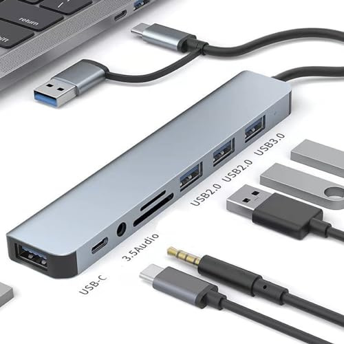 Ouitble USB C HUB 8 in 1 Adattatore Multiport di Docking Stazione USB 3.0 in Alluminio con Lettore di Schede SD e TF Porte Audios da 3,5 Mm per Laptop Tablet di Telefono