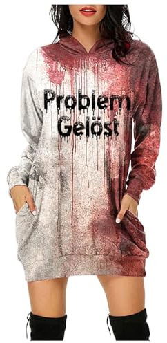 Problem Gelöst Halloween Hoodie Damen Kapuzenpullover mit Blutig Bedruckt Blood Langarm Tshirt Kleid Kapuze Kapuzenpulli Blut Verletzung Horror Pullover Problem Gelöst Halloween Shirt Langarmshirt