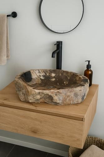 Marblechic - Lavandino in Pietra Fossile Naturale | Legno Fossilizzato 57x50x15 cm | Design Unico dal Fascino Naturale – Amicasaidee