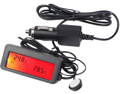 Gettimore Thermomètre de voiture numérique LCD 12 V avec câble de capteur de 1,5 m pour surveillance de la température intérieure et extérieure, écran rétroéclairé bleu, boîtier en plastique