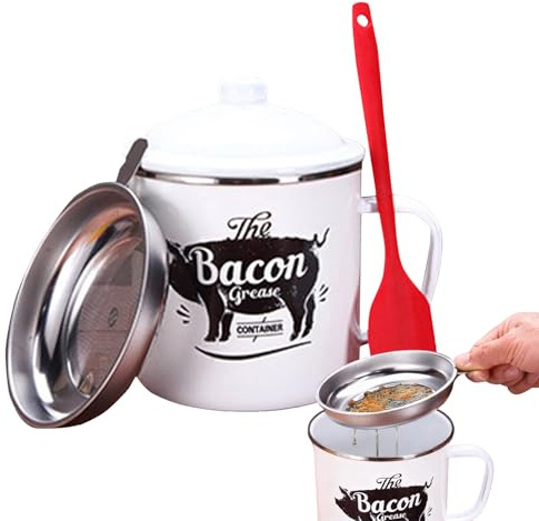 Contenitore per grasso – Contenitore per grasso per pancetta, contenitori per grasso da cucina con colino, contenitore per olio da 1200 ml, contenitori per la conservazione del grasso per cucina