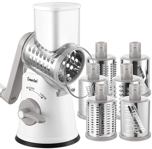 Geedel Käsereibe, Reibe für Gemüse, Gemüseschneider Trommelreibe mit kurbel | 6 Edelstahlklingen, 12x Schneller Schneiden, Starker Saugfuß, Spülmaschinenfest, Ergonomisches, No BPA, für Käse Gemüse Nüsse
