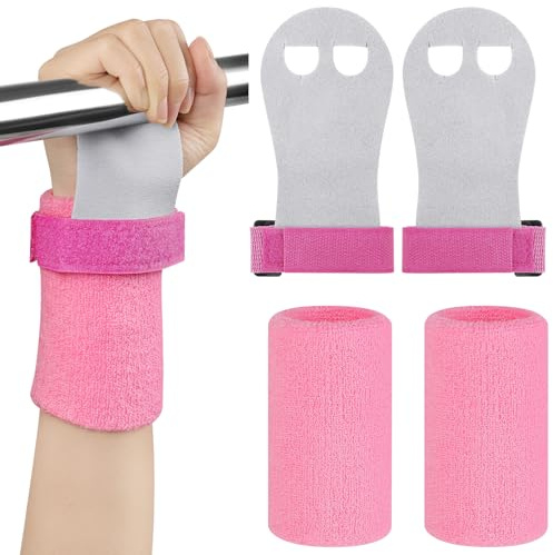 DiULi Griffpads Kinder, Hand Grips Leder Trainingshandschuhe, Inklusive Handschutz und Armband, Geeignet für Krafttraining und Gymnastik, Verbessert die Reibung Effektiv, Rosa, M