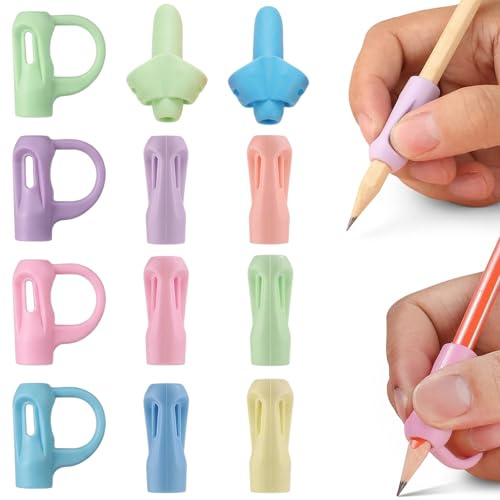12 Pezzi Impugnatura Matita Bambini, Correttore Scrittura Ergonomico in TPR Morbido, Supporto Professionale per Penne e Matite per Disgrafia e Postura Corretta, 3 Modelli Diversi, Multicolore