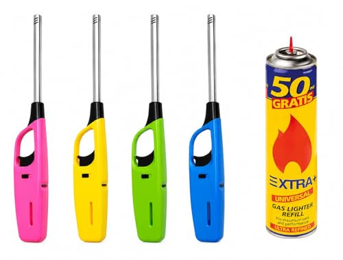 XTRA+ 4 Encendedores Mecheros Cocina Barbacoa + 1 Botella Gas 300 ml, Gas Sirve para Recargar Soplete de Cocina