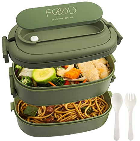 OITUGG 2-Tier Lunch Box for Adults, 1550ml Bento Lunch Box with 3 Compartments (Upper 2 Grids, Lower 1 Grid), Stackable Bento Box with Spoon & Fork Cutlery, BPA Free, Microwave Dishwasher Safe, Green