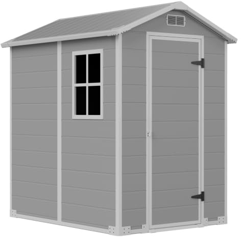LARBANKE Casetta per attrezzi in plastica, 1,2 x 1,8 m, con finestra e ventilazione, in resina a doppia parete da 12 mm, resistente alle intemperie, per attrezzi da giardino e biciclette, grigio