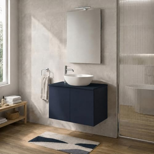 Mobile bagno sospeso 70 cm Blu con top per lavabo e 2 ante push-pull Tierra
